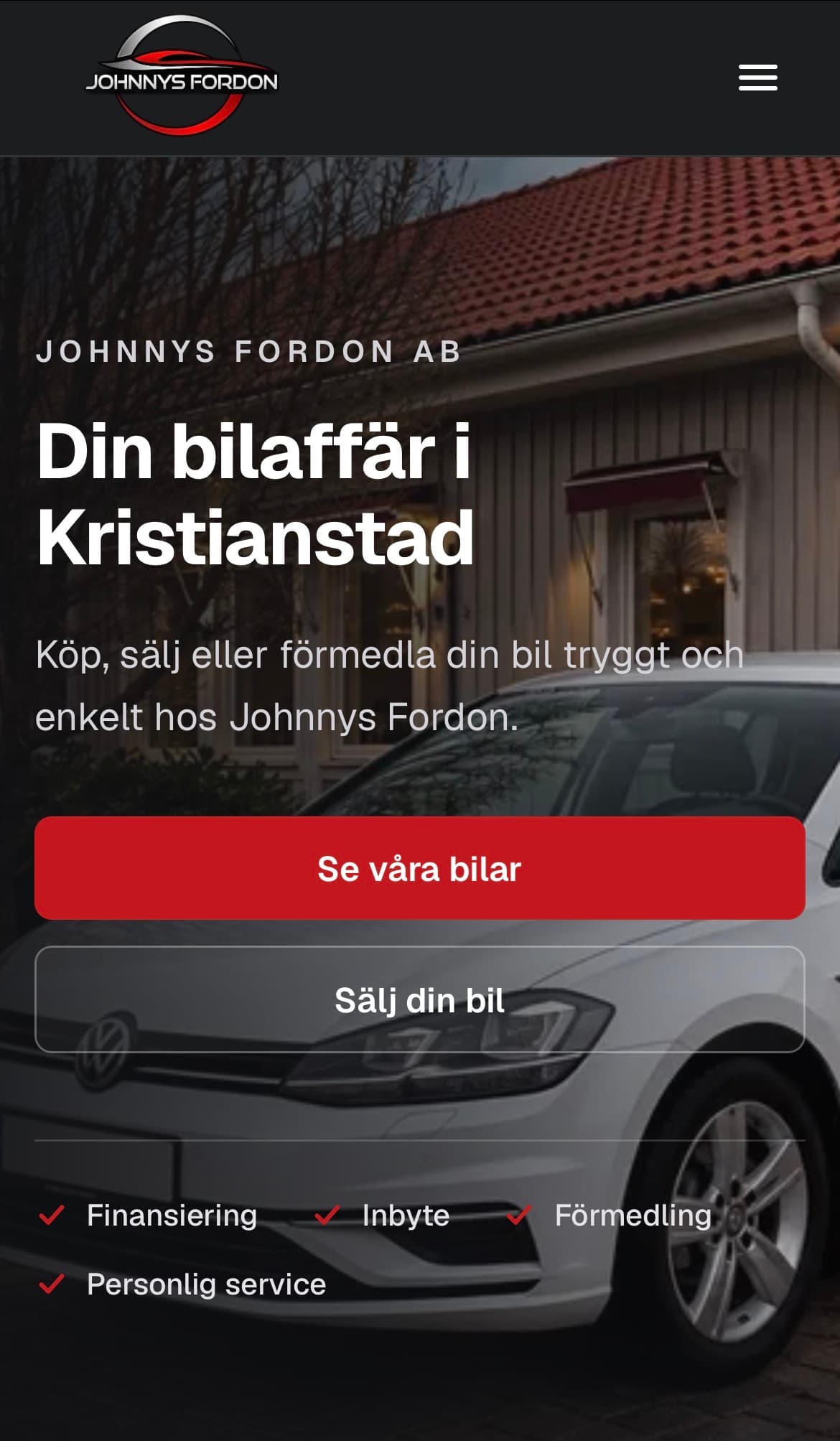 Johnnys Fordon AB home page shown on mobile