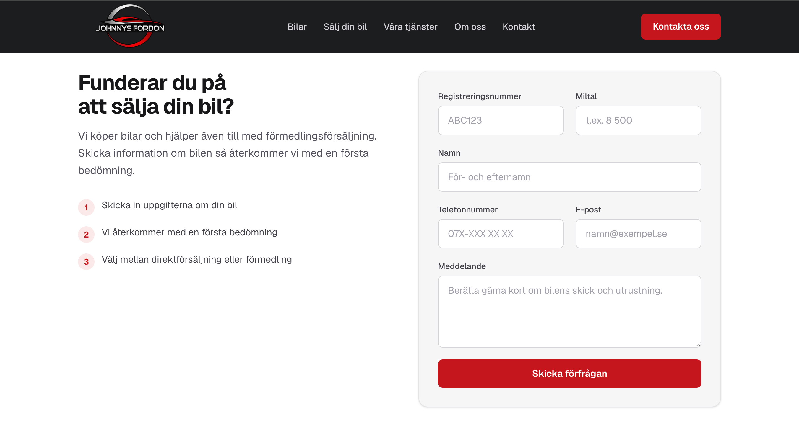 The sell-your-car form on desktop